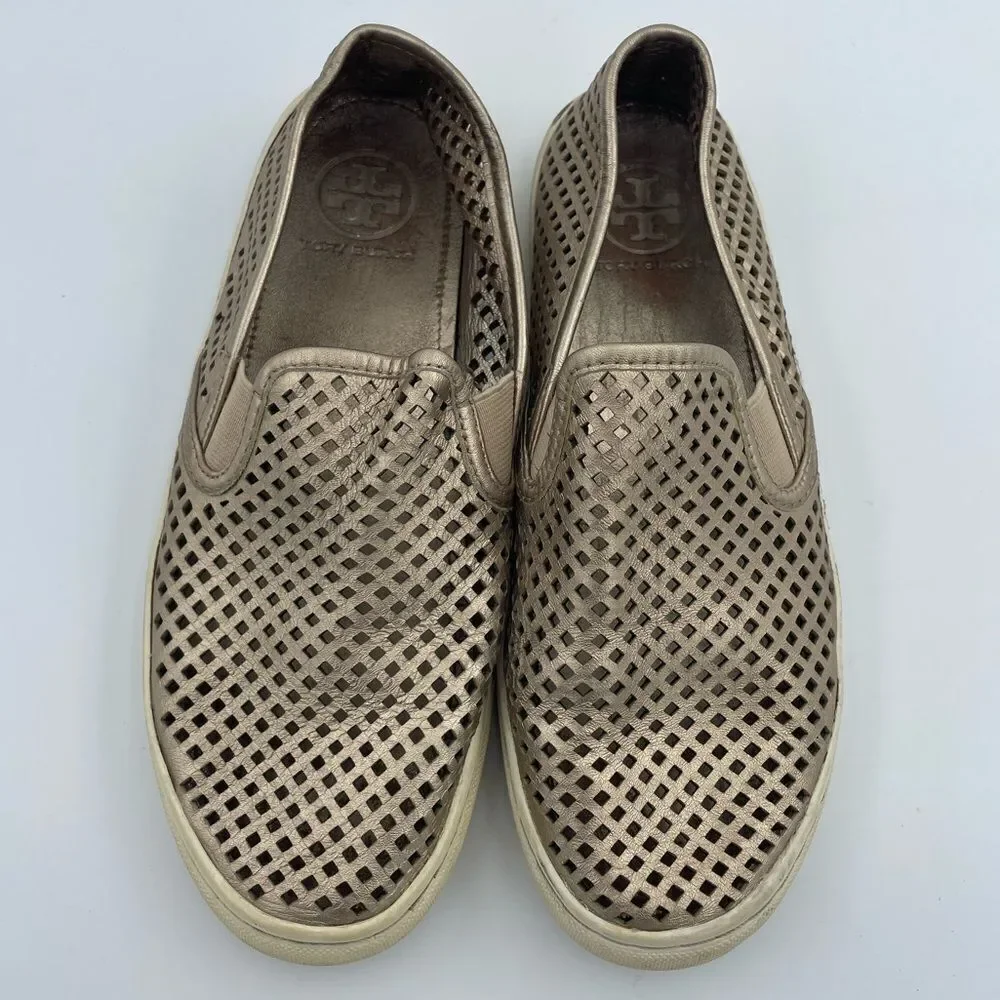 Tory Burch Jesse Gold Metallic Leather Perforated Slip On Shoes - Picture 3 of 6